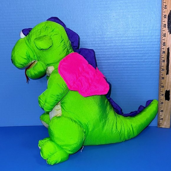 Mervyn's Playful Pals Dragon Neon Green Pink Wings Nylon 14" Plush Sound Vintage - Picture 4 of 11